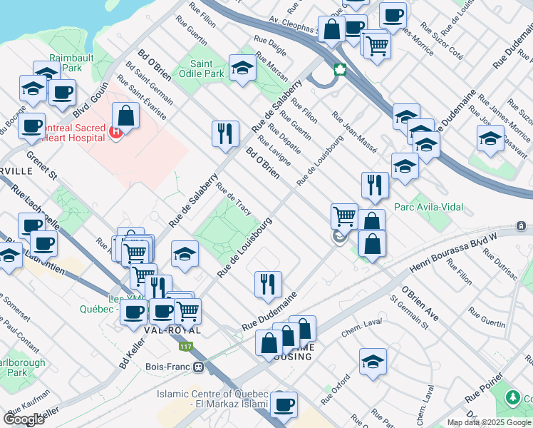 map of restaurants, bars, coffee shops, grocery stores, and more near 11850 Saint Évariste Street in Montreal