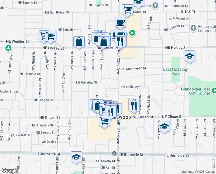 map of restaurants, bars, coffee shops, grocery stores, and more near 915 Northeast 122nd Avenue in Portland