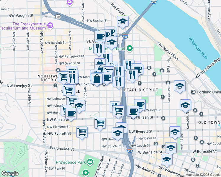 map of restaurants, bars, coffee shops, grocery stores, and more near 909 Northwest 18th Avenue in Portland
