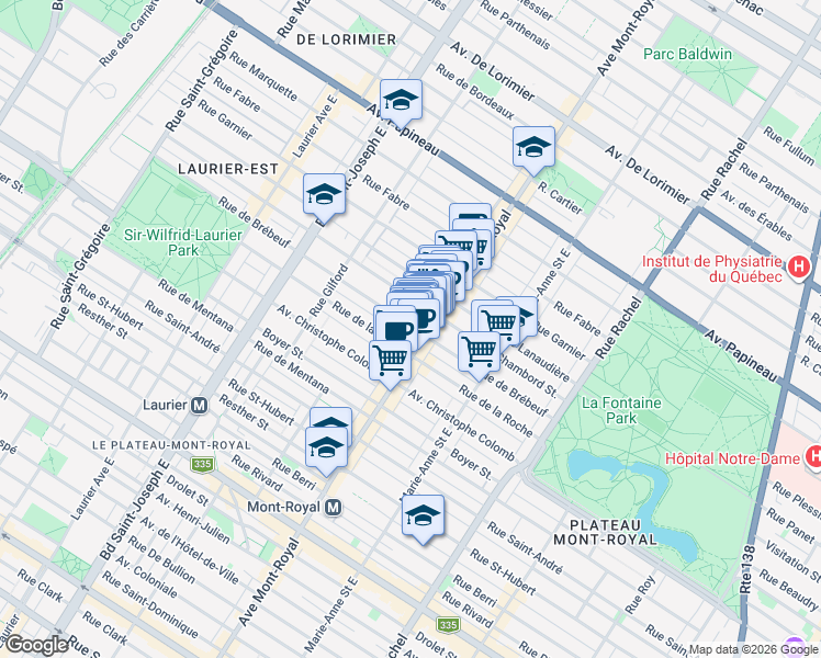 map of restaurants, bars, coffee shops, grocery stores, and more near 4524 Brebeuf Street in Montreal