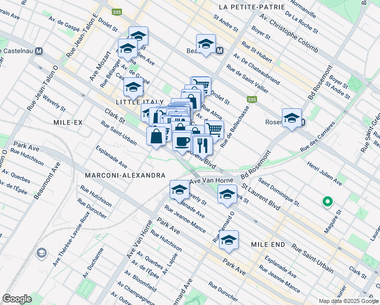 map of restaurants, bars, coffee shops, grocery stores, and more near 6310 Boulevard Saint-Laurent in Montréal