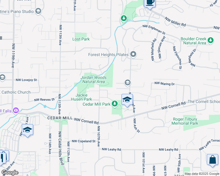 map of restaurants, bars, coffee shops, grocery stores, and more near 10541 Northwest Jordan Lane in Portland