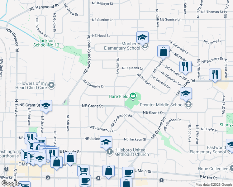 map of restaurants, bars, coffee shops, grocery stores, and more near 915 Northeast Donelson Road in Hillsboro