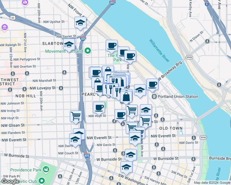 map of restaurants, bars, coffee shops, grocery stores, and more near 900 Northwest 11th Avenue in Portland