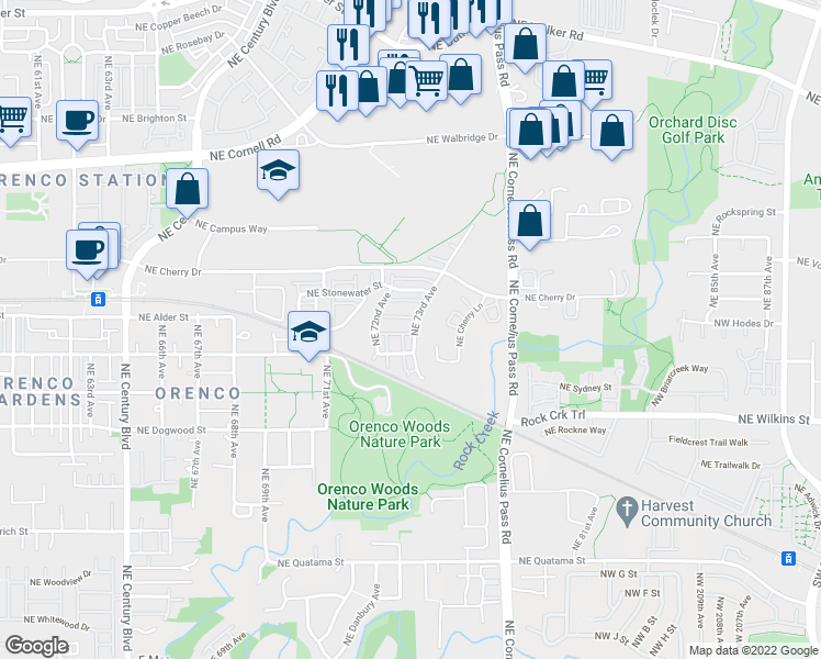 map of restaurants, bars, coffee shops, grocery stores, and more near 743 Northeast 73rd Avenue in Hillsboro