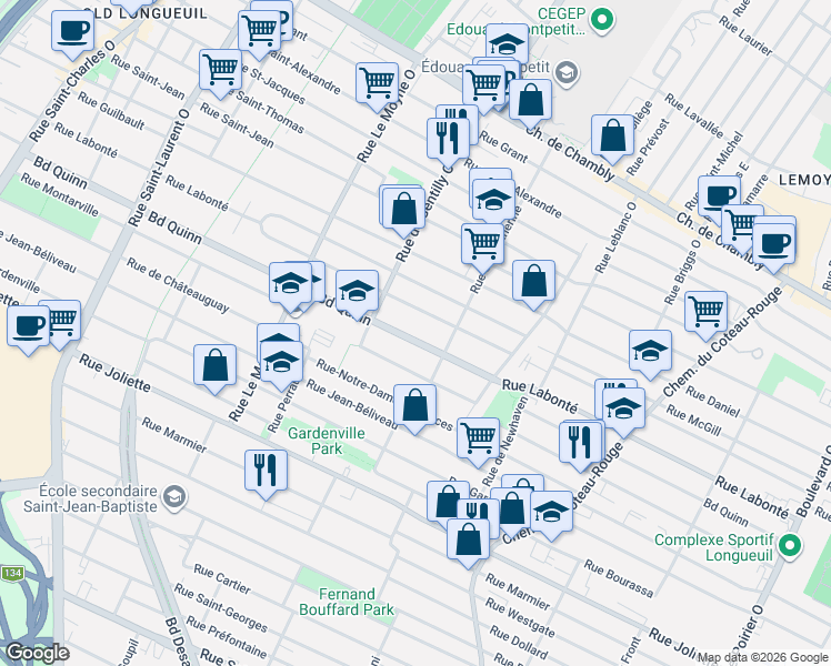 map of restaurants, bars, coffee shops, grocery stores, and more near 915 Boulevard Quinn in Longueuil