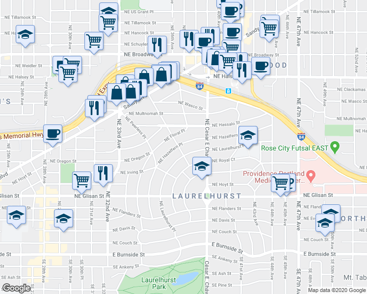 map of restaurants, bars, coffee shops, grocery stores, and more near 912 Northeast Hazelfern Place in Portland