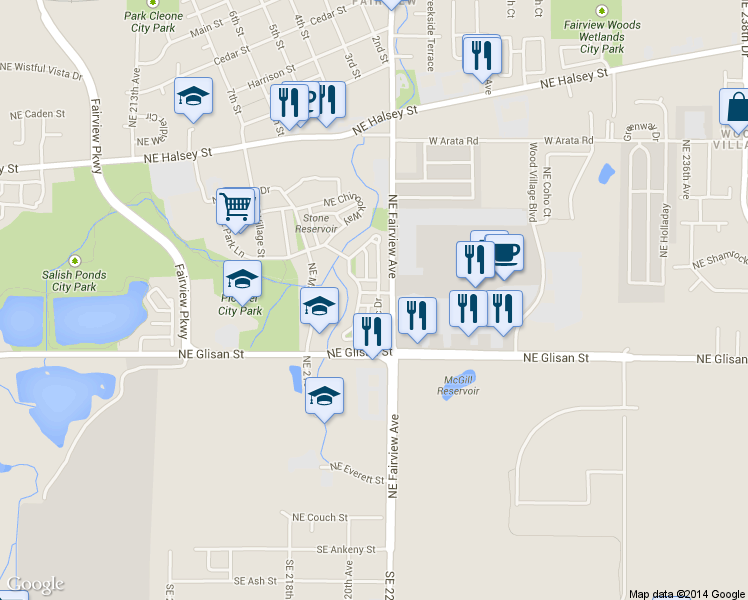 map of restaurants, bars, coffee shops, grocery stores, and more near 22282 Northeast Park Lane in Fairview