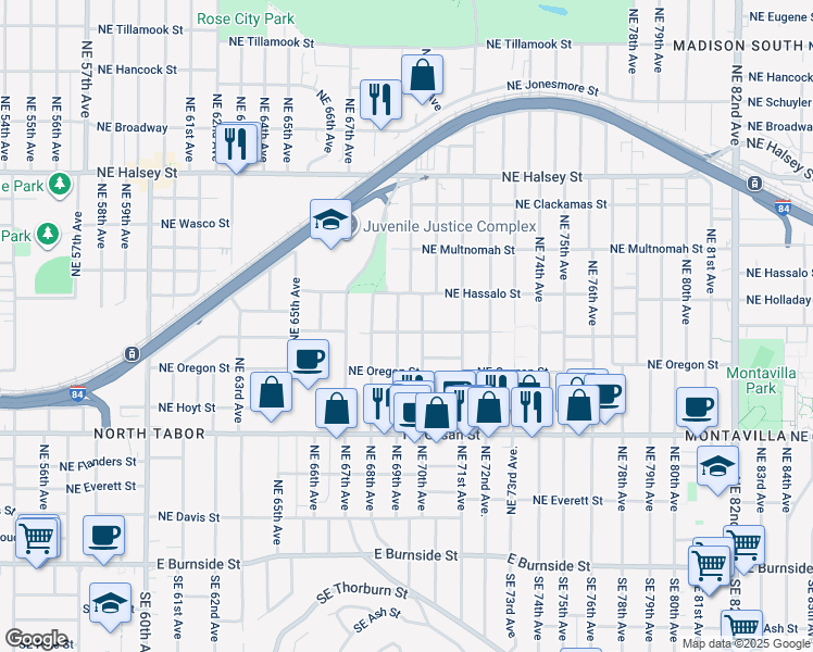 map of restaurants, bars, coffee shops, grocery stores, and more near 6909 Northeast Pacific Street in Portland