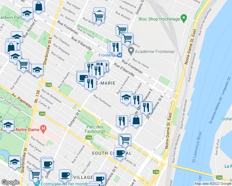 map of restaurants, bars, coffee shops, grocery stores, and more near 1811 Rue Fullum in Montréal