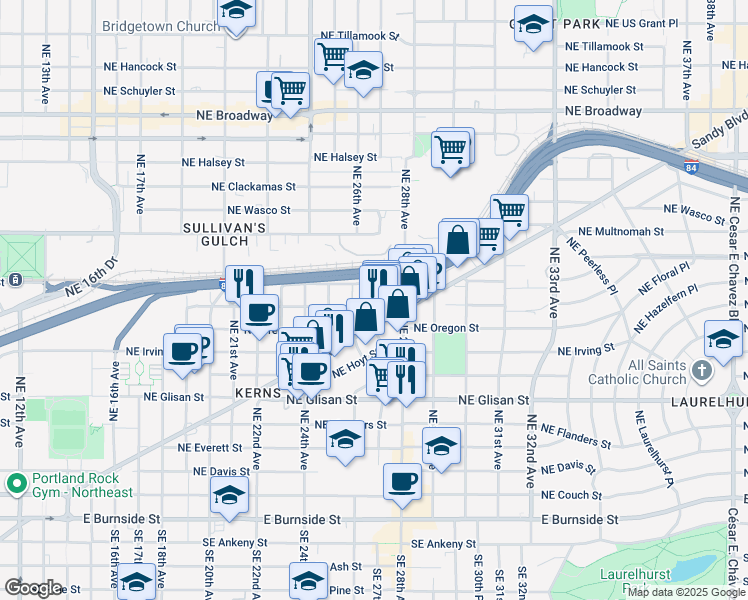 map of restaurants, bars, coffee shops, grocery stores, and more near 13 Northeast 27th Avenue in Portland