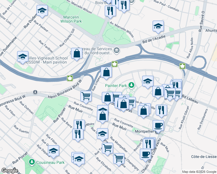 map of restaurants, bars, coffee shops, grocery stores, and more near 385 Boulevard Deguire in Montréal