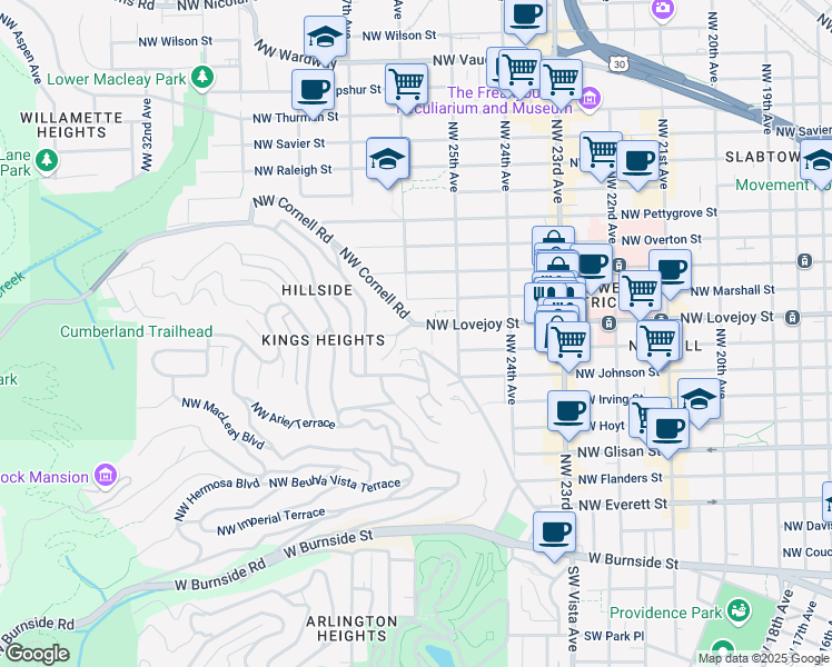 map of restaurants, bars, coffee shops, grocery stores, and more near 2582 Northwest Lovejoy Street in Portland