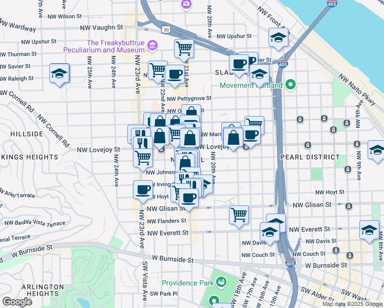 map of restaurants, bars, coffee shops, grocery stores, and more near 916 Northwest 21st Avenue in Portland