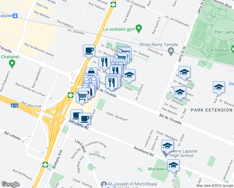 map of restaurants, bars, coffee shops, grocery stores, and more near 8475 Boulevard de l'Acadie in Montrã©Al