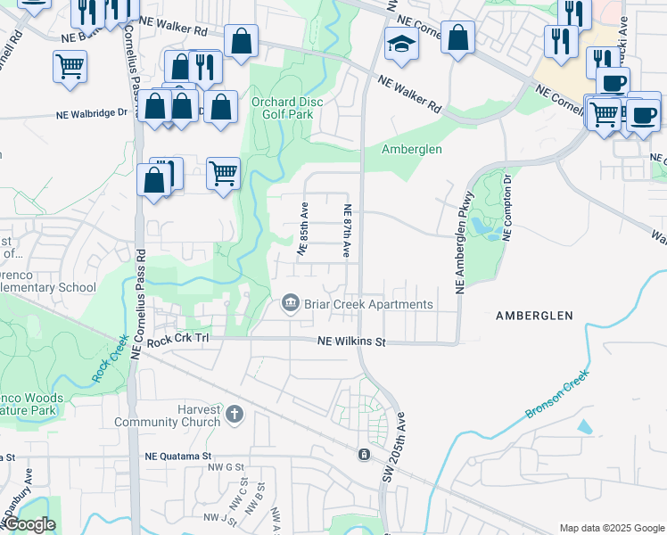 map of restaurants, bars, coffee shops, grocery stores, and more near 1362 Northeast 86th Court in Hillsboro