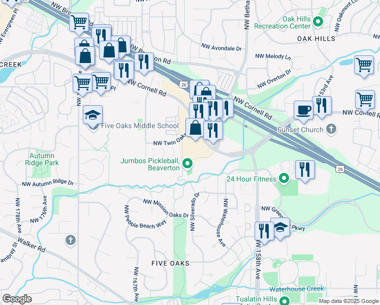 map of restaurants, bars, coffee shops, grocery stores, and more near 16305 Northwest Bethany Court in Beaverton