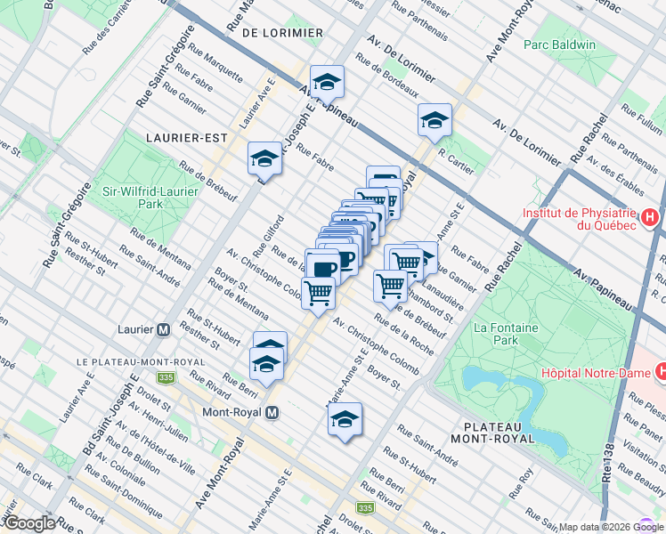 map of restaurants, bars, coffee shops, grocery stores, and more near 4530 Brebeuf Street in Montreal