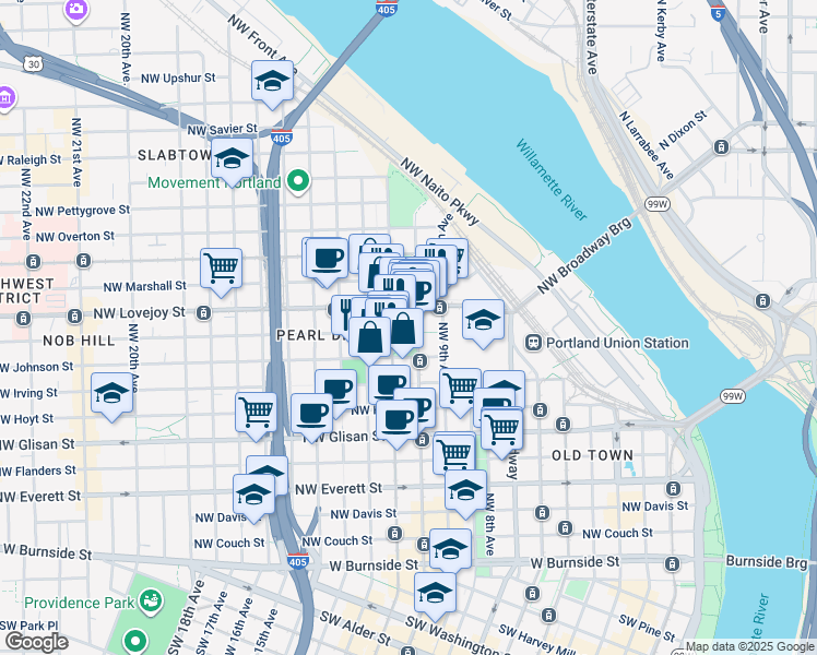 map of restaurants, bars, coffee shops, grocery stores, and more near 922 Northwest 11th Avenue in Portland