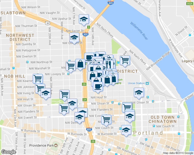 map of restaurants, bars, coffee shops, grocery stores, and more near 910 Northwest 14th Avenue in Portland