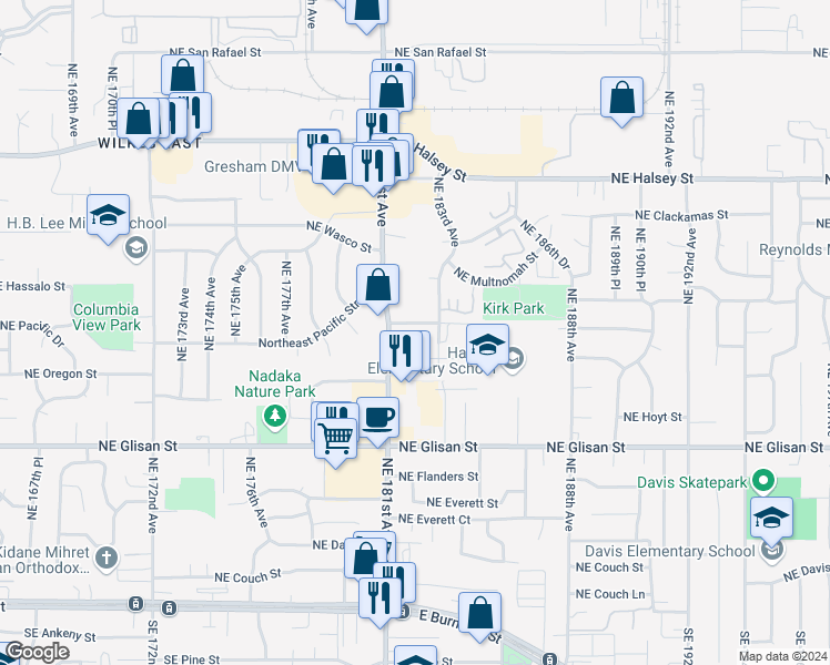 map of restaurants, bars, coffee shops, grocery stores, and more near 900 Northeast 181st Avenue in Portland