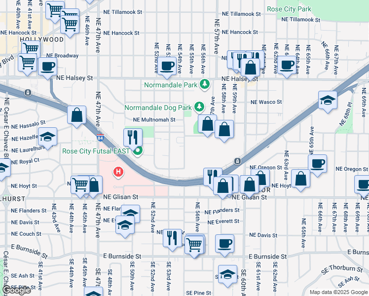 map of restaurants, bars, coffee shops, grocery stores, and more near 835 Northeast 55th Avenue in Portland