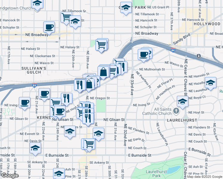 map of restaurants, bars, coffee shops, grocery stores, and more near 3010 Northeast Holladay Street in Portland