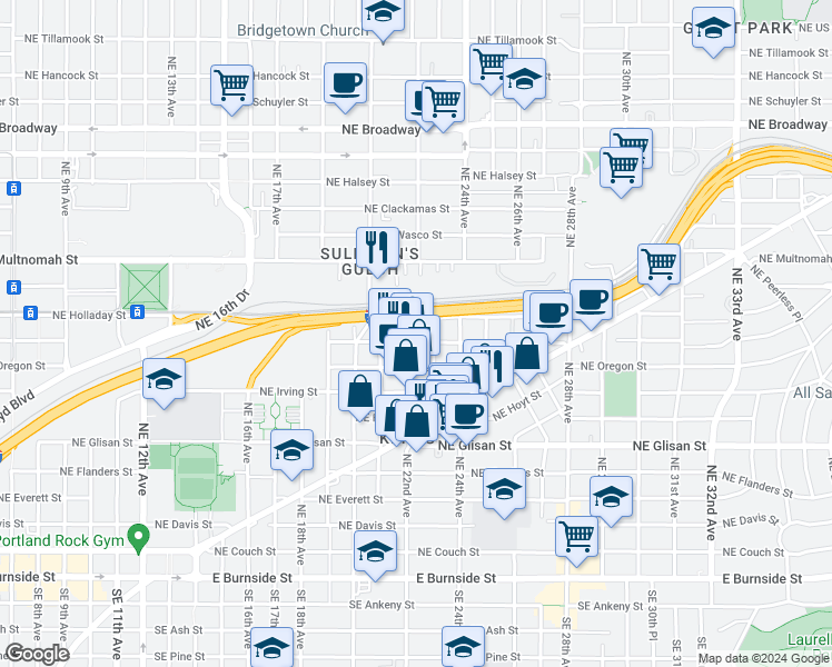 map of restaurants, bars, coffee shops, grocery stores, and more near 2211 Northeast Pacific Street in Portland