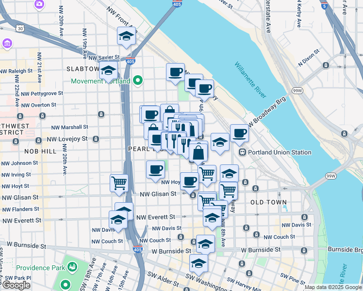 map of restaurants, bars, coffee shops, grocery stores, and more near 900 Northwest 11th Avenue in Portland