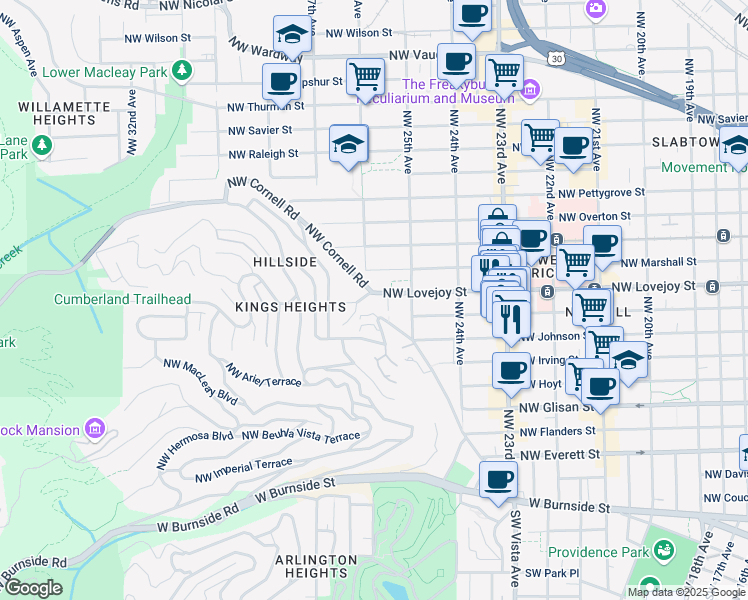 map of restaurants, bars, coffee shops, grocery stores, and more near 2606 Northwest Lovejoy Street in Portland