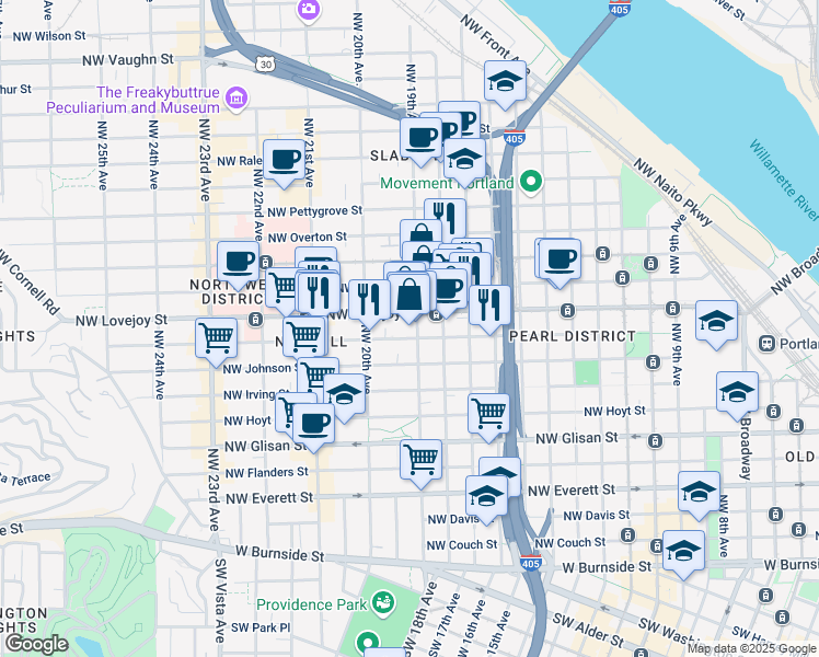 map of restaurants, bars, coffee shops, grocery stores, and more near 915 Northwest 19th Avenue in Portland