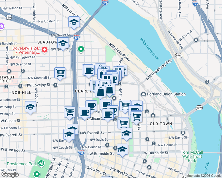 map of restaurants, bars, coffee shops, grocery stores, and more near in Portland