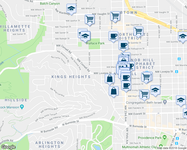 map of restaurants, bars, coffee shops, grocery stores, and more near 2566 Northwest Lovejoy Street in Portland
