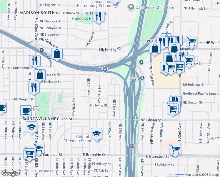 map of restaurants, bars, coffee shops, grocery stores, and more near 914 Northeast 92nd Avenue in Portland