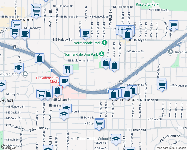 map of restaurants, bars, coffee shops, grocery stores, and more near 835 Northeast 55th Avenue in Portland