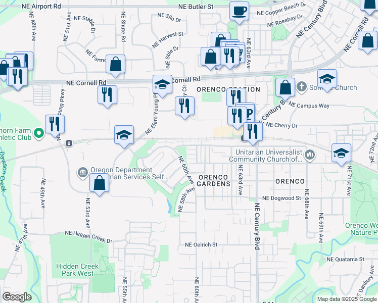 map of restaurants, bars, coffee shops, grocery stores, and more near 6011 Northeast Maidstone Street in Hillsboro