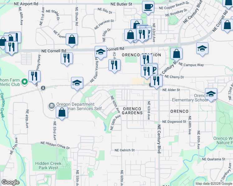 map of restaurants, bars, coffee shops, grocery stores, and more near 6007 Northeast Maidstone Street in Hillsboro
