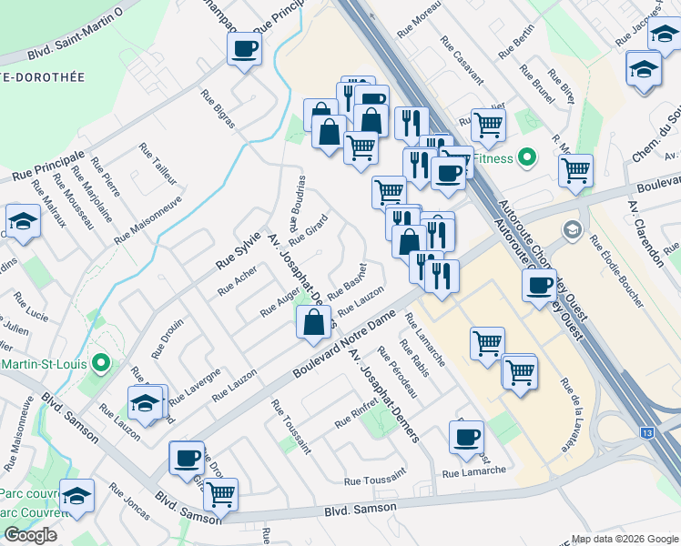 map of restaurants, bars, coffee shops, grocery stores, and more near 681 Rue Gougeon in Laval
