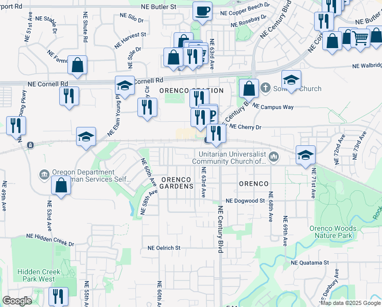 map of restaurants, bars, coffee shops, grocery stores, and more near 871 Northeast 62nd Avenue in Hillsboro