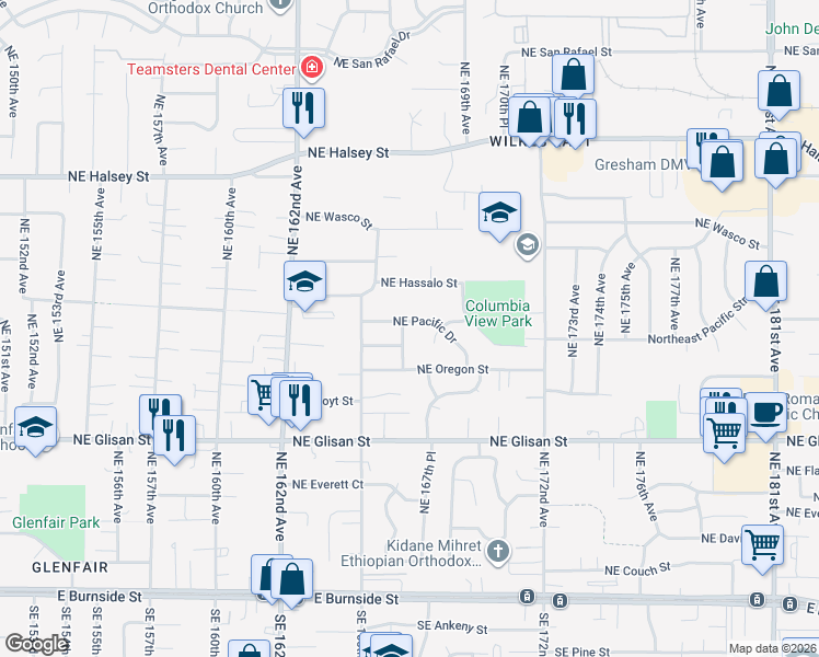 map of restaurants, bars, coffee shops, grocery stores, and more near 16626 NE Pacific Dr in Portland