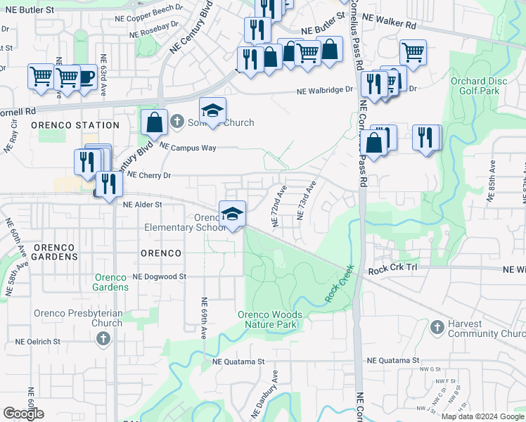 map of restaurants, bars, coffee shops, grocery stores, and more near 7200 Northeast Stonewater Street in Hillsboro
