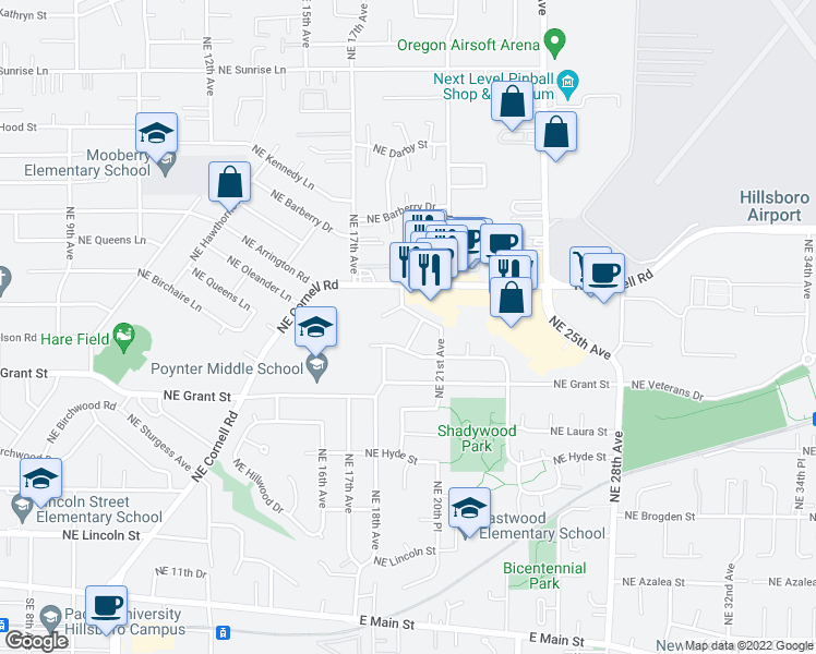 map of restaurants, bars, coffee shops, grocery stores, and more near 749 Northeast 20th Place in Hillsboro
