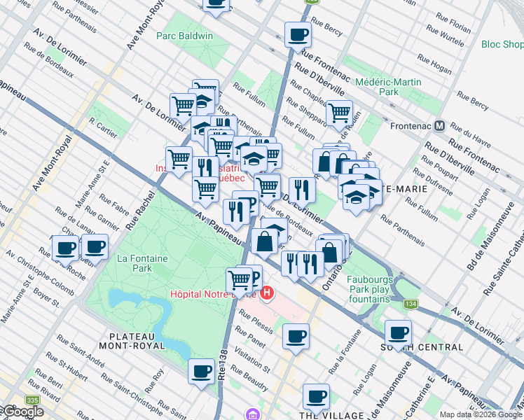 map of restaurants, bars, coffee shops, grocery stores, and more near 1970 Rue Sherbrooke Est in Montréal
