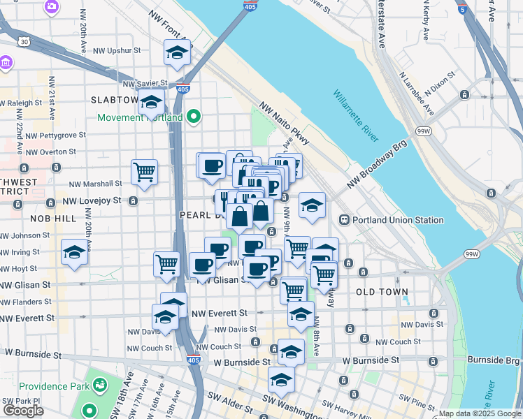 map of restaurants, bars, coffee shops, grocery stores, and more near in Portland