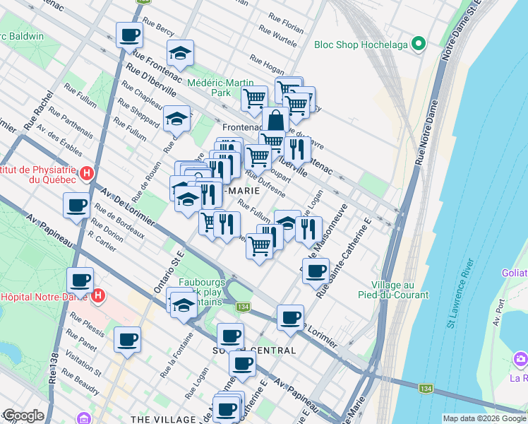 map of restaurants, bars, coffee shops, grocery stores, and more near 1811 Rue Fullum in Montréal