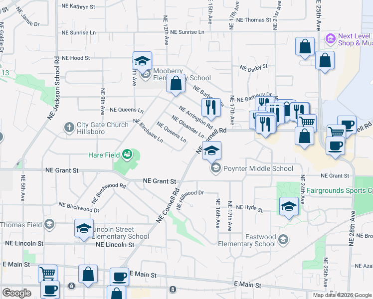 map of restaurants, bars, coffee shops, grocery stores, and more near 1340 Northeast Birchaire Lane in Hillsboro