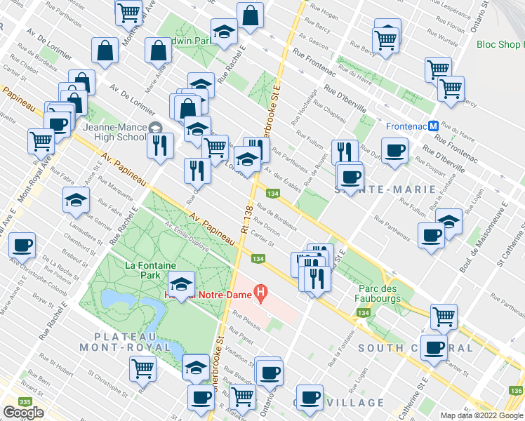 map of restaurants, bars, coffee shops, grocery stores, and more near 2376 A Rue de Bordeaux in Montréal