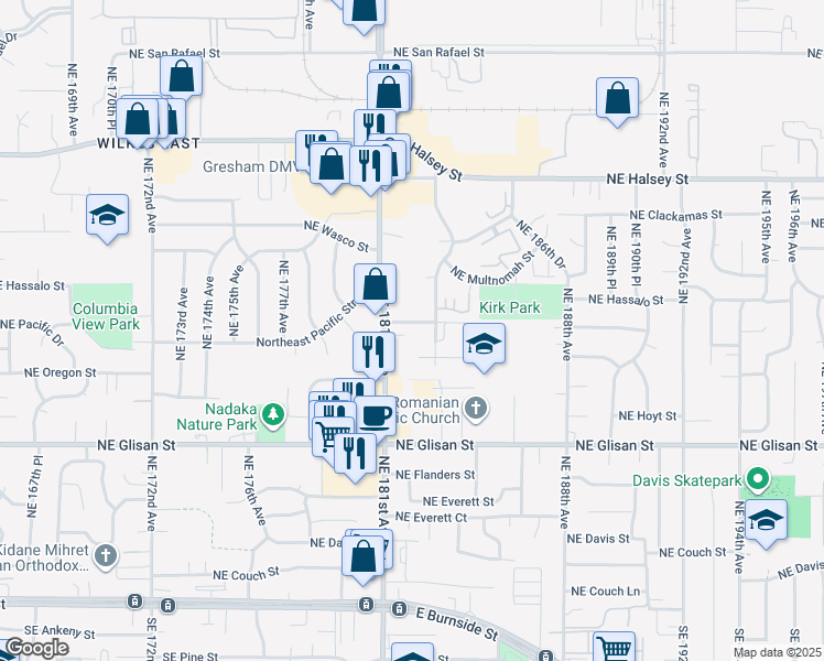 map of restaurants, bars, coffee shops, grocery stores, and more near 18120 Northeast Pacific Court in Portland