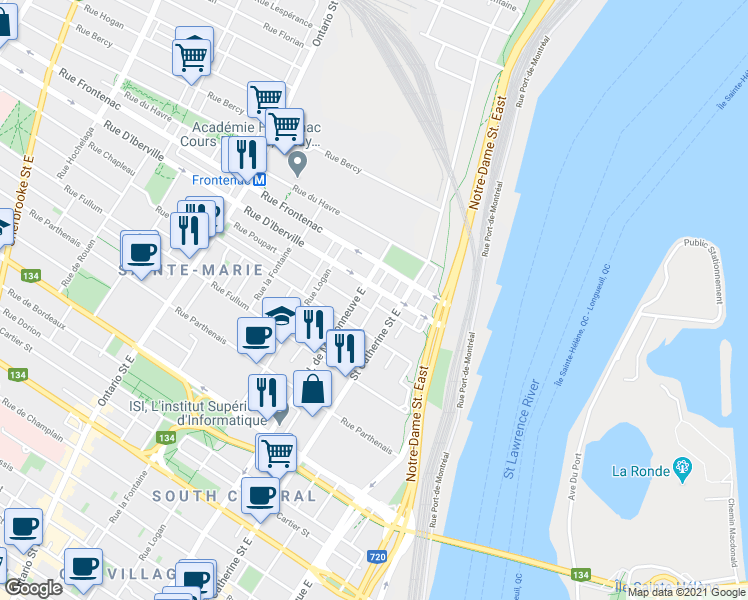 map of restaurants, bars, coffee shops, grocery stores, and more near 2475 Rue Champagne in Montréal