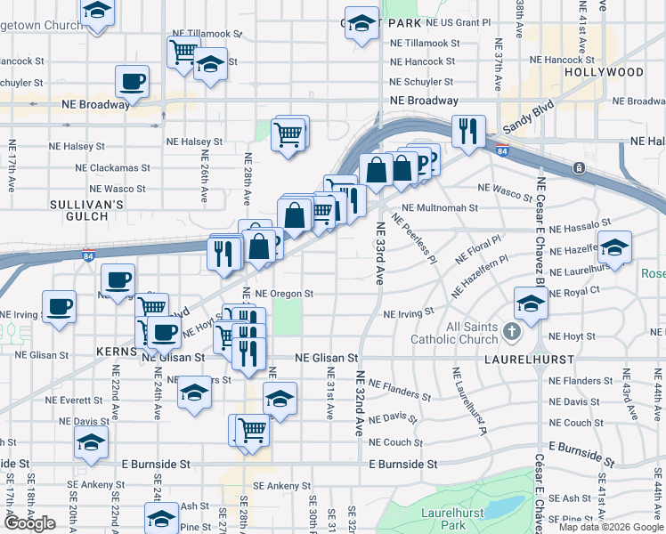 map of restaurants, bars, coffee shops, grocery stores, and more near 3067 Northeast Pacific Street in Portland